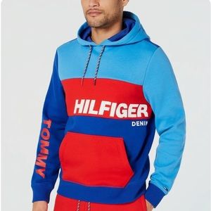 💜Tommy Hilfiger Surf The Web Blue Logo Colorblock Fleece Pullover Hoodie Size M